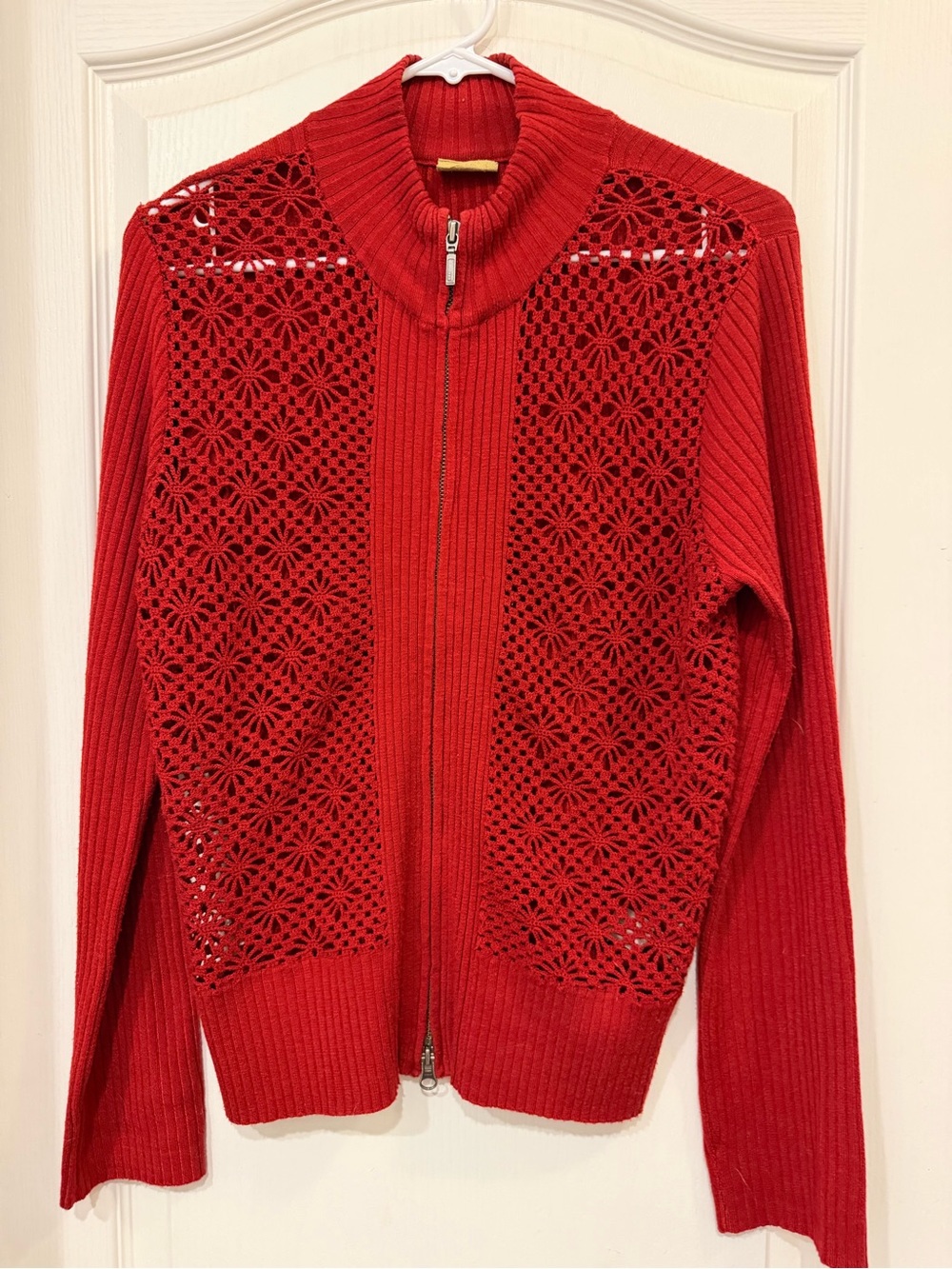 Caslon Red Floral Crochet Two Way Zip Cardigan Sweater M Nordstrom